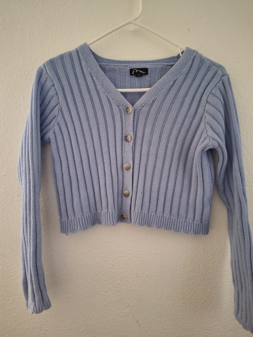 Girls Light Blue Ribbed Button-Front Cardigan Sweater